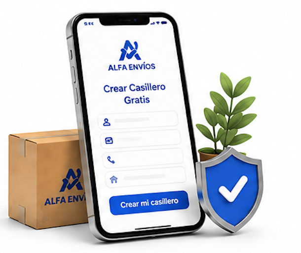 Pantalla de la app Alfa Envíos mostrando la opción de crear casillero gratis